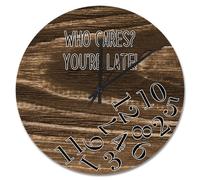 NZVCQVPU Who Cares You're Late Wall Clock Weathered Wood Floor Round Decorative Clocks Battery Operated 10 Inch Country Coastal Decor She Shed Living Room Decor Gift for Man Woman Friend