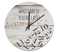 NZVCQVPU Who Cares You're Late Wall Clock Weathered Wood Floor Round Decorative Clocks Battery Operated 10 Inch Country Coastal Decor She Shed Living Room Decor Gift for Man Woman Friend