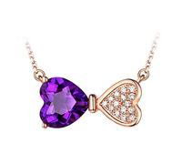NZVCQVPU Women 18K Rose Necklace, Bow Knot Heart 1.3 CT Amethyst with Diamond Charm Pendant Chain Length 18 Inch