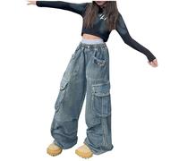 NZYIHAO Baggy Jeans da ragazza a gamba larga, pantaloni lunghi jeans a vita alta, pantaloni cargo estivi, per il tempo libero, Y2k, stile vintage, pantaloni larghi per 5-15 anni, #04 blu., 11-12 Anni