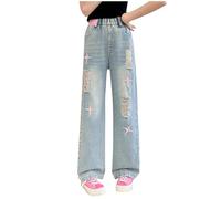 NZYIHAO Baggy Jeans da ragazza a gamba larga, pantaloni lunghi jeans a vita alta, pantaloni cargo estivi, per il tempo libero, Y2k, stile vintage, pantaloni larghi per 5-15 anni, #26 Blu, 9-10 Anni