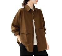 NZYIHAO Camicia da donna a maniche lunghe, casual, tinta unita, con bottoni, in cotone, caffè, xxl