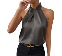 NZYIHAO Camicia da donna elegante in raso, con allacciatura al collo, top da lavoro, maglietta Old Money Style, canotta estiva senza maniche, tinta unita, grigio scuro, M