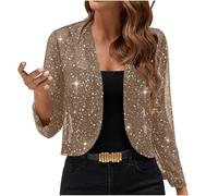 NZYIHAO Cardigan con paillettes da donna corto aperto cardigan a maniche lunghe bolero sottile elegante senza bottoni giacca bolero giacca bolero maglia sottile giacca mezza stagione, cachi, s