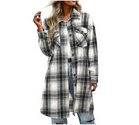 NZYIHAO Giacca lunga da donna, a quadri, a maniche lunghe, in cotone, con bottoni, leggera, per il tempo libero, taglie S-XXL, Nero , L