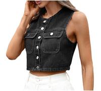 NZYIHAO Giubbotto in denim da donna, senza maniche, con tasche decorative, scollo rotondo, in jeans, per il tempo libero, Nero , s