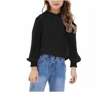 NZYIHAO Maglia a maniche lunghe in chiffon da ragazza, elegante camicetta estiva a maniche lunghe, con volant, scollo a volant, top per bambini, adolescenti, ragazze, maglietta leggera, maglione largo