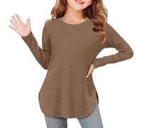 NZYIHAO Maglietta a maniche lunghe da ragazza, casual, tinta unita, a maniche lunghe, estiva, con scollo rotondo, maglietta basic, #01 marrone., 9-10 Anni
