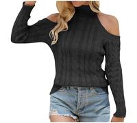 NZYIHAO Maglione sexy con spalle scoperte, tinta unita, a maniche lunghe, a collo alto, a maglia, comodo, in jacquard, a tunica, #01 nero., m
