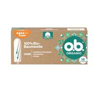 o.b. Organic Super (16 pezzi), tamponi biologici per giorni forti in 100% cotone biologico con scanalature curve per una protezione affidabile e naturale