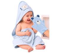 o-day I Batuffolini Accappatoio Neonato a Triangolo con Cappuccio Animale e Guanto Coordinato Set Regalo Nascita Bimbo con Asciugamani Neonato o Accappatoio Neonata 70x70 (Azzurro Polvere - Orsetto)