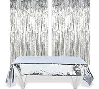 O-Kinee 2 Pezzi Tende Metalliche Tinsel Foil Tenda a Frangia Metallica Argento e 1m * 2,7m Argento Tovaglia, per Festa di Compleanno Singola Natale Halloween Baby Shower Matrimonio