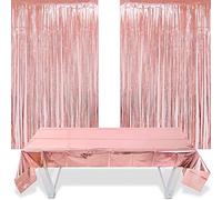 O-Kinee 2 Pezzi Tende Metalliche Tinsel Foil Tenda a Frangia Metallica Rosegold e 1m * 2,7m Oro Rosa Tovaglia, per Festa di Compleanno Singola Natale Halloween Baby Shower Matrimonio