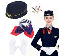 O-Kinee 4 Pezzi Costume Hostess Donna,Costumi da Hostess di Volo da Donna,Cappello,Sciarpa,Guanti,Distintivo,Costumi di Carnevale Accessori per Halloween,Cosplay