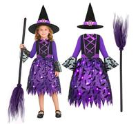 O-Kinee Costume da Strega Bambina,LED Abito da Strega Ragazza con Cappello da Stregas, Scopa