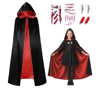 O-Kinee Mantello Vampiro Halloween,120CM Mantellina Vampiro Reversibile Rossa e Nera,Bambini Adulti Uomo Donna Capo con Cappuccio, Tatuaggi Temporanei, Protesi Dentarie, Capsule di Sangue