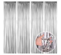 O-Kinee Tende Metalliche Tinsel, 4pz Argento Foil Tenda Scintillante Shimmer Orpelli e Festoni Lamina Frangia per Decorazioni Battesimo Compleanno Matrimonio Festa, Photo Wall Contesto (1m*2m)