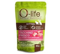 O-life Cat Kitten Grain Free Straccetti in salsa 85 gr - Tacchino fresco con mirtilli rossi - Confezione da 6 pezzi - Cibo monoproteico gatto - 1° ORDINE? scegli lo sconto BZR5 / BZR20 + 200 punti fed
