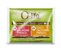 O-life Cat Sterilised Grain Free Straccetti in salsa multipack 4x85 gr 2 x salmone fresco - 2 x tacchino fresco - 1° ORDINE? scegli lo sconto BZR5 / BZR20 + 200 punti fedeltà