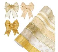 Oairse 6 rotoli di nastro natalizio da 6,3 cm, 30 m di nastro color oro champagne per artigianato per albero di Natale con filo metallico per fai da te, ghirlande, grandi fiocchi, decorazioni