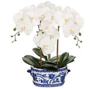Oairse Orchidea artificiale in vaso di porcellana blu e bianca, 50 cm, composizione di orchidee bianche in finta seta, grande centrotavola floreale per casa, ufficio, soggiorno, cucina, decorazione da