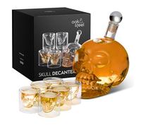 Oak & Steel - Decanter per Whisky e Grappa a Forma di Teschio (700 ml) - Include Bicchieri (75ml) e Tappo in Vetro - Confezione Regalo con Design Raffinato