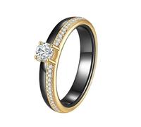 OAKKY Classica Novità 4MM Singola Fila Micro-pavé Strass 4 Artiglio del Drago Solitaire Cristallo Anello Unisex Ceramica Fedina Nuziale Nero Oro Taglia 12
