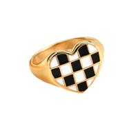 OAKKY Classico Elegante Irregolare in Bianco e Nero Checkerboard Pattern Cuore Forma Coppia Anello Unisex in Acciaio Inox Set Coordinato Taglia 12