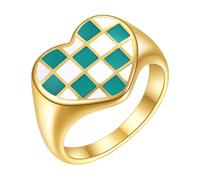 OAKKY Classico Elegante Irregolare in Blu e Bianco Checkerboard Pattern Cuore Forma Coppia Anello Unisex in Acciaio Inox Set Coordinato Taglia 17