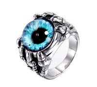 OAKKY Retro Gotico Drago Artiglio Male Demonio Cranio Bulbo Oculare Anelli Uomo Acciaio Inossidabile Azzurro Occhi Argento Placcato Taglia 27