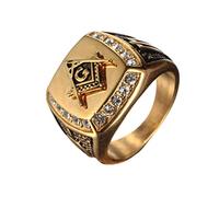 OAKKY Uomo Acciaio Inossidabile Massonica Massone Anello con Diamante Biker Simbolo Membro Banda, Oro Nero Misura 14