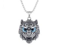 OAKKY Vintage Prepotente Hip Hop Animale Ruggente Testa di Tigre con Diavolo Occhio Insanguinato Amuleto Ciondolo Collana Uomo in Acciaio Inox Blu
