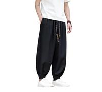 OAKVERVE Pantaloni corti leggeri cinesi da uomo in lino, Nero , L