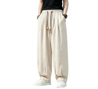 OAKVERVE Pantaloni da uomo in cotone e lino cinese con risvolto, Beige, L