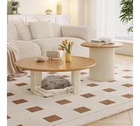 OAKVYNE Set Di 2 Tavolini Da Salotto Rotondi - Base In Metallo, Design Moderno Con Piano In Pietra, Ideale Per Soggiorno, Tavolino Da Tè & Piccoli Spazi(Wood color-A,80cm/31.4in)
