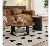 OAKVYNE Set Di 2 Tavolini Da Salotto Rotondi - Base In Metallo, Design Moderno Con Piano In Pietra, Ideale Per Soggiorno, Tavolino Da Tè & Piccoli Spazi(Walnut color-A,60cm/23.6in)