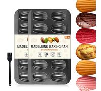 OAMCEG Confezione da 2 teglie per madeleine con spazzola in silicone, 12 tazze resistenti, a forma di conchiglia, antiaderenti, in acciaio al carbonio, per biscotti e focacce, per cottura al forno