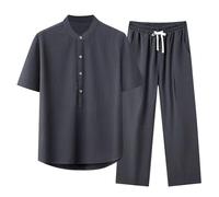 Oanviso 2 Pezzi Tuta Uomo Completi Camicia Scollo a V + Pantaloni Casual Tute da Spiaggia Maniche Lunghe/Corte Estate Set Pigiama Tuta Cotone e Lino Tuta Morbido Leggero Taglie Forti D Bianco XXL