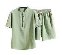 Oanviso 2 Pezzi Tuta Uomo Completi Camicia Scollo a V + Pantaloni Casual Tute da Spiaggia Maniche Lunghe/Corte Estate Set Pigiama Tuta Cotone e Lino Tuta Morbido Leggero Taglie Forti D Verde L