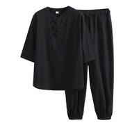Oanviso 2 Pezzi Tuta Uomo Completi Camicia Scollo a V + Pantaloni Casual Tute da Spiaggia Maniche Lunghe/Corte Estate Set Pigiama Tuta Cotone e Lino Tuta Morbido Leggero Taglie Forti D Nero L