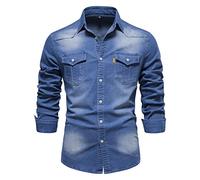Oanviso Camicia da Uomo in Denim Classico Risvolto Camicia Casual a Maniche Lunghe Camicia Lavato Shirt di Denim Regolare Durevoli Camicia in Denim con Taschino sul Petto e Bottoni A Blu Scuro XS