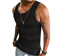 Oanviso Canottiera in Maglia Senza Maniche da Uomo Casual Mesh Gilet Scollo a U Spalla Larga Canotta Tinta Unita/Righe/Tagliato Gilet Sportivo Gilet Leggero Traspirante Estivo Gilet C Nero L