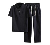 Oanviso Uomo Completo 2 Pezzi Lino e Cotone Estate Casual Tuta Maniche Corte Camicia Henley e Pantaloni Completi Abiti Spiaggia, Jogging, Yoga, Tai Chi, Kung Fu A Nero XXL
