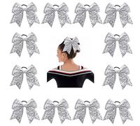Oaoleer 12 fiocchi per capelli grandi con glitter, 17,8 cm, per coda di cavallo, fatti a mano, per cheerleader, adolescenti, ragazze, sport universitari (argento)