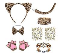 OAOSDH 1 Fascia per La Testa, 1 Papillon, 1 Coda, 1 Paio di Guanti, 2 Adesivi di Stampa Leopardati, 1 Braccialetto E 1 Adesivo per Il Viso, Accessori per Abbigliamento Leopardo.