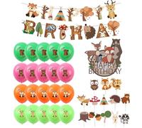 OAOSDH 1 Pezzo di Bandiera di Trazione di Animali Forestali, 14 Pezzi di Inserti per Torte E 20 Pezzi di Palloncini, Forniture per Feste di Compleanno per Bambini, Decorazioni Creative per Feste.