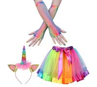 OAOSDH 1 Pezzo di Gonna A Rete Colorata E 1 Fascia per La Testa E 1 Paio di Guanti A Rete, Oggetti di Ruolo, Accessori per Il Costume da Festa, Costume per Ragazze.