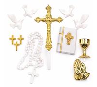 Oasis Supply Kit di decorazioni per torta per la Prima Comunione, set di 4 decorazioni per torte religiose con calice e ostia, rosario, colomba e mini bibbia, decorazione per comunione in plastica