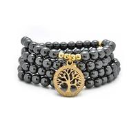 oasymala Accessori per la meditazione, 108 perle Mala, ciondolo albero della vita in oro, bracciale o collana di perle yoga per uomo o donna (Ematite (Hematite))