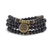 oasymala Bracciale Mala 108 Perle con Ciondolo OM in Pietra Naturale - Accessorio per Yoga e Meditazione (Black Agate (Agata Nera))